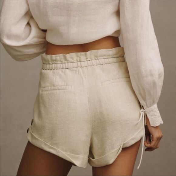 ANTHROPOLOGIE Linen Shorts Women Large Belted Relaxed Neutral Beach Resort - Picture 2 of 10